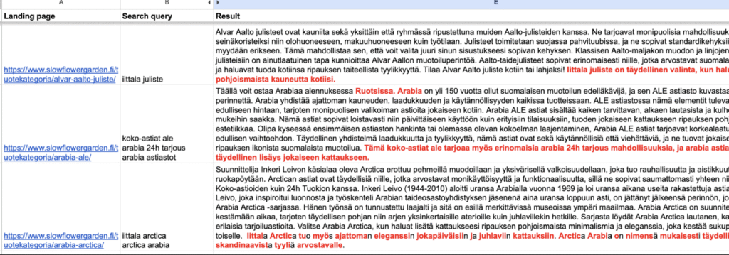 Kaatarina Dahlin - Google Apps Script that highlights the changes in column C (current text content) and D (Optimized text content) for easier quality check and read through: