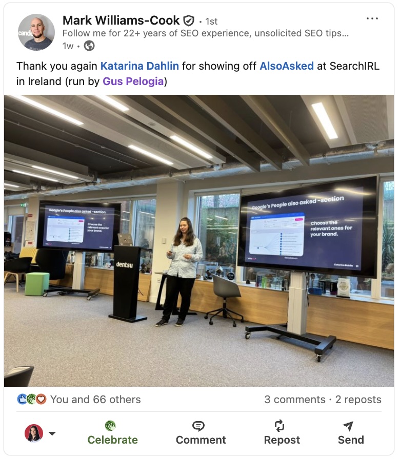 Mark Williams Cook sharing Katarina Dahlin speaking about Alsoasked in Dublin