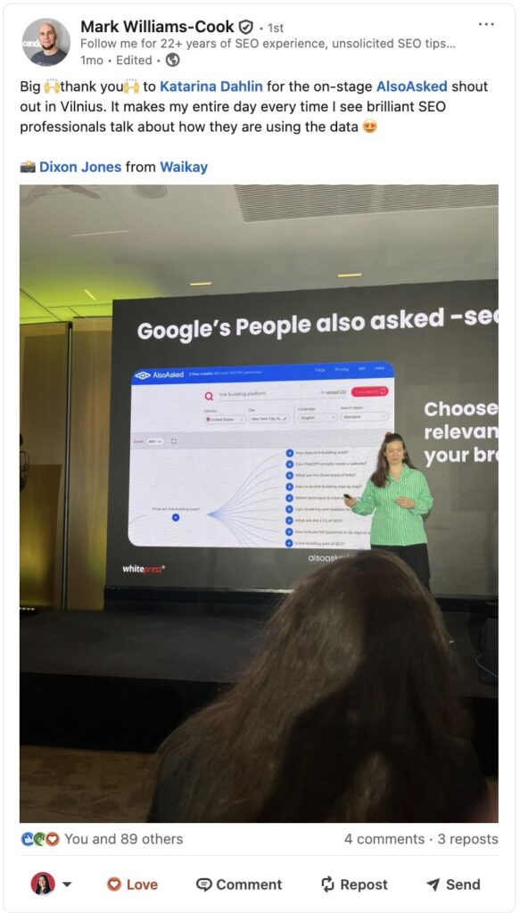 Mark Williams-Cook sharing when Katarina Dahlin recommends AlsoAsked SEO tool